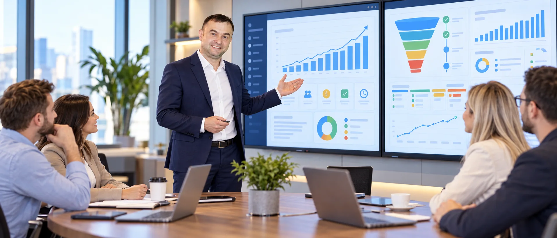 Специалист AT Line показывает клиентам аналитику CRM, рост продаж и воронки на больших экранах